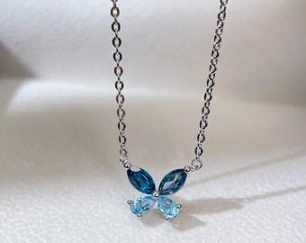 Collier papillon en topaze naturelle bleu Londres et collier papillon en topaze bleue suisse avec argent sterling S925/pierre de naissance de décembre de novembre