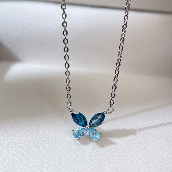 Natural Topaz Butterfly necklace London Blue and Swiss Blue Topaz Butterfly Necklace With S925 Sterling Silver/November December birthstone