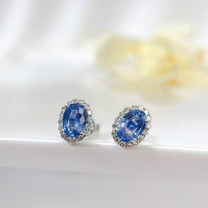 18K Gold Blue Sapphire Diamond Halo Stud Earrings - September Birthstone