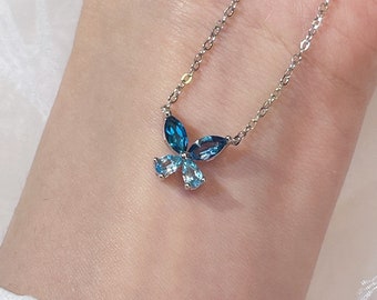 Natural Topaz Butterfly necklace London Blue and Swiss Blue  With S925 Sterling Silver Plated 18K Gold/November birthstone/