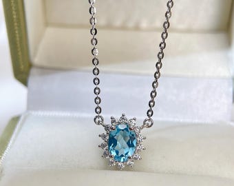 Blue Topaz Sterling Silver Necklace: Halo Diana Pendant, November December Birthstone