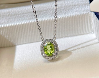 Natural Peridot Halo Necklace - 925 Silver Plated with 18K Gold - Birthstone for August