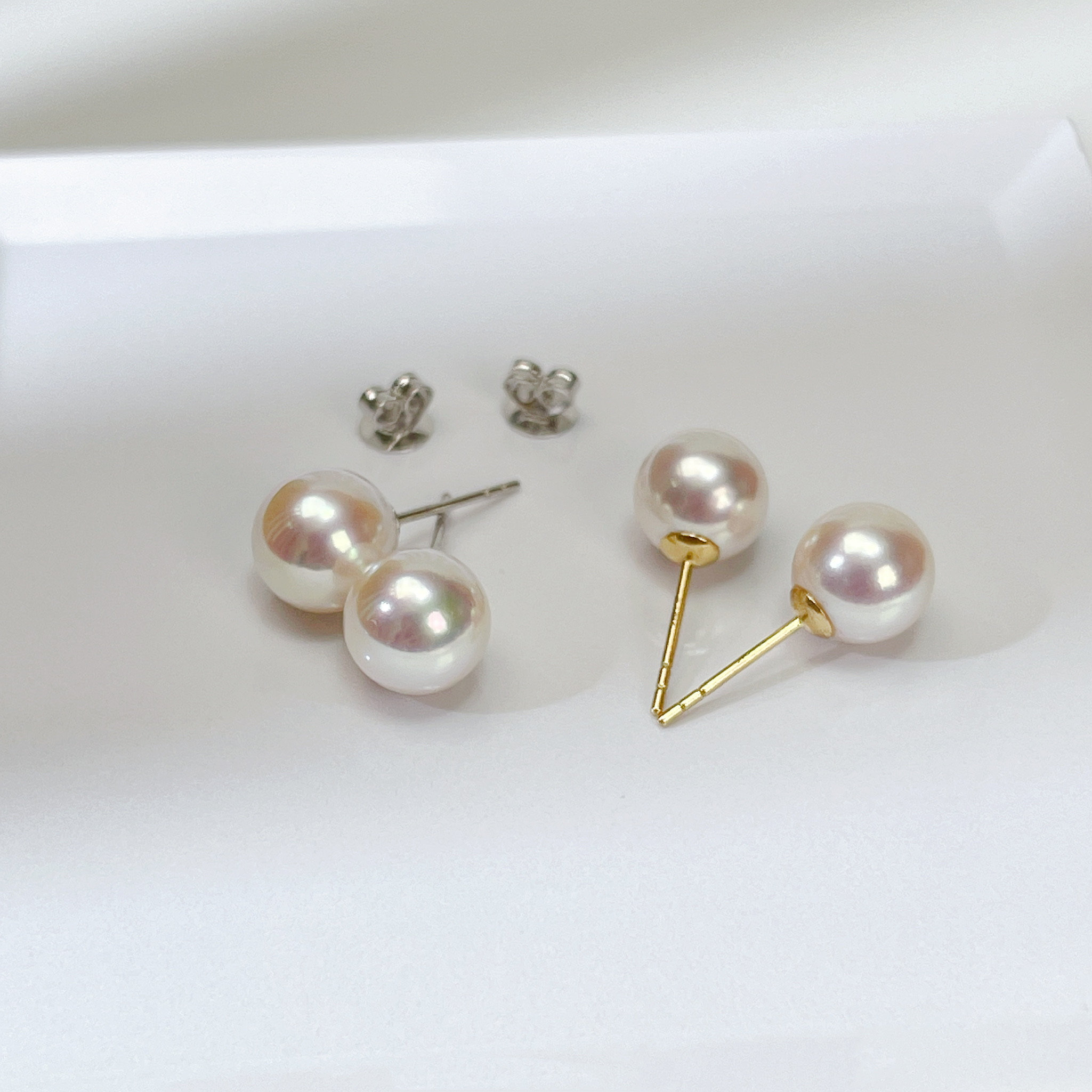 Lily Treacy 8-8.5mm Japan Akoya Saltwater Pearl Stud Earrings – 18K Solid Yellow Gold With Omega Backs (Handmade In USA)