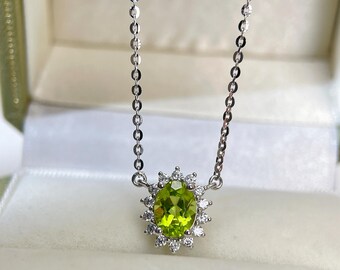 Peridot Floral Halo Necklace: Sterling Silver August Birthstone