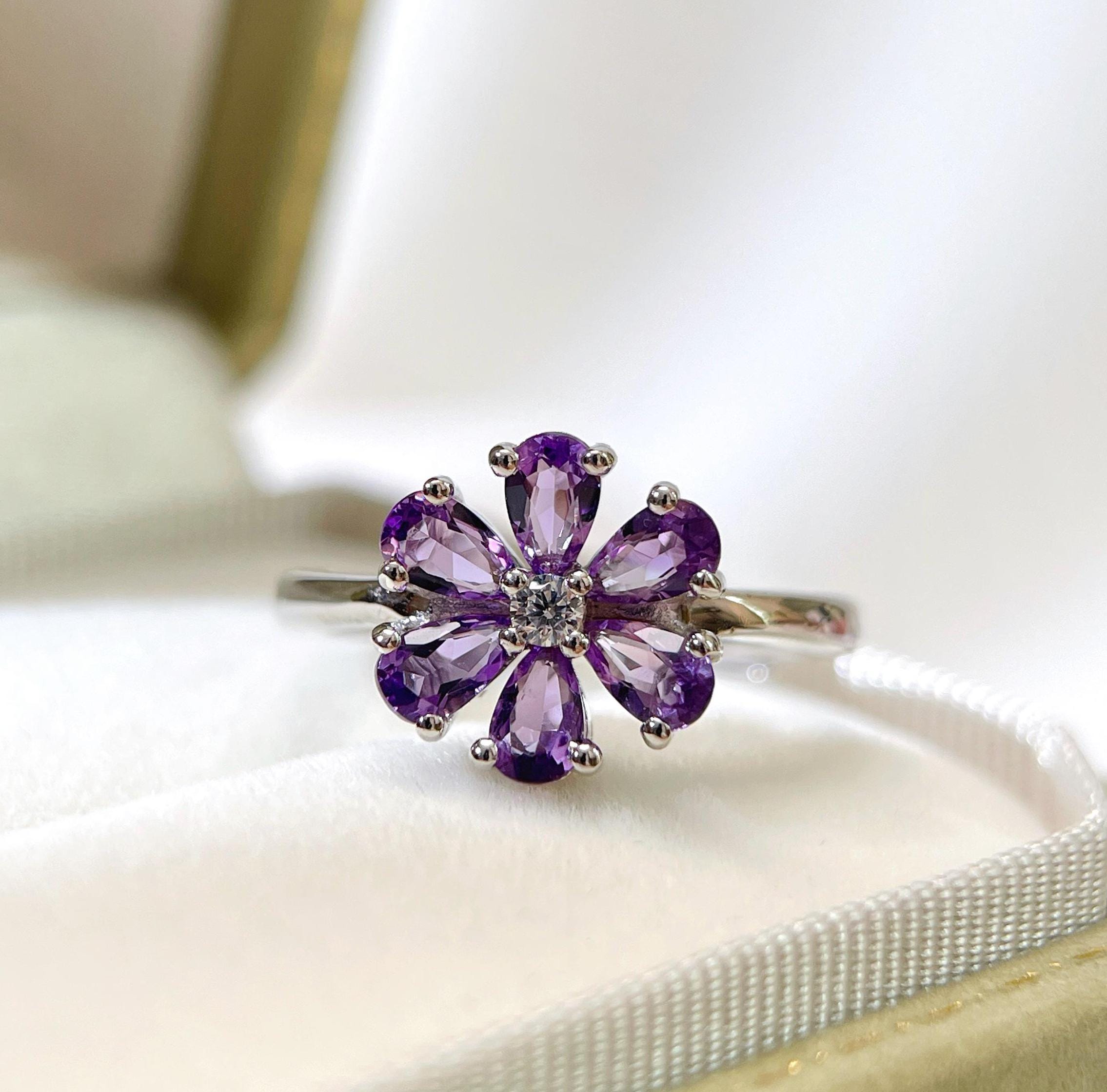 Amethyst Floral Ring: Sterling Silver Forget Me Not, February Birthstone