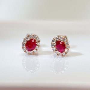 Natural Ruby Stud Earrings: Diamond Halo, 18K Rose Gold, July Birthstone