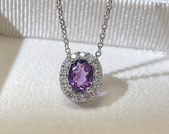 Natural Amethyst Halo Purple Necklace 925 Silver Plated with 18K Gold Plated February Birthstone