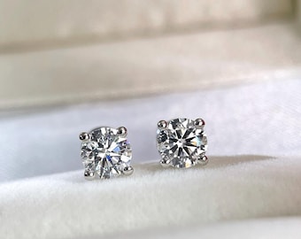 1 CTW Round Lab-Grown Diamond Stud Earrings, Sterling Silver, White Gold Plated, NGTC Certificate