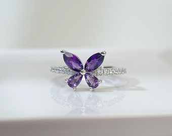 Natural Amethyst Butterfly Purple Ring 925 Silver February Birthstone Adjustable Size