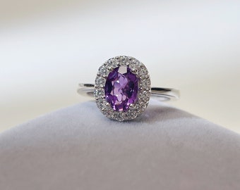 Natural Amethyst Halo Purple Ring 925 Silver Plated with 18K Gold Plated February Birthstone