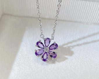 Forget Flower Natural Amethyst Purple Necklace 925 Silver Plated with 18K Gold Plated February Birthstone
