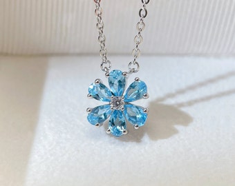 Forget Flower Topaz necklace London Blue S925 Sterling Silver Plated 18K Gold/November birthstone/