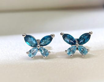 Blue Topaz Butterfly Earrings: Sterling Silver Studs, December Birthstone