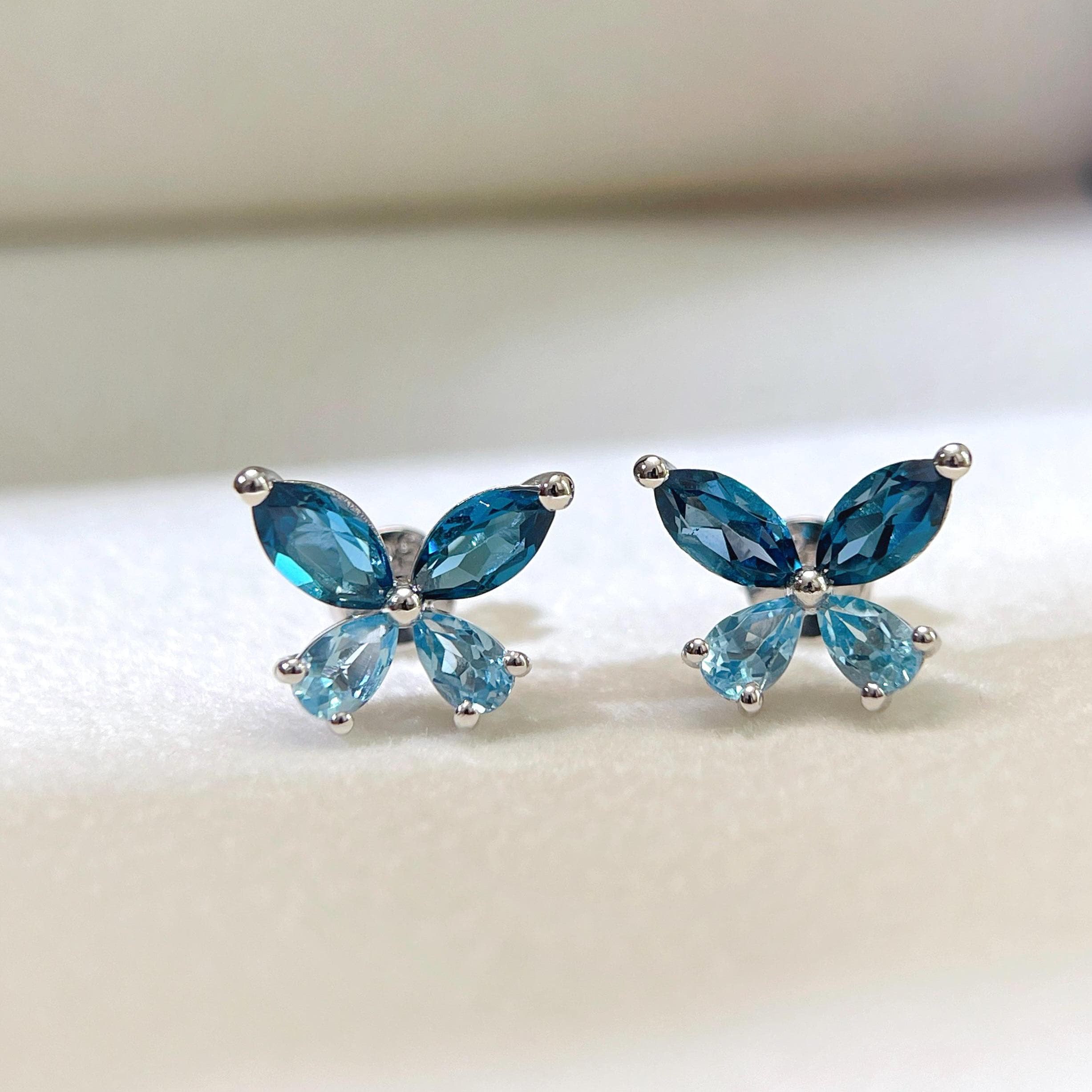 Orecchini Bimba Butterfly In Argento 925 Con Cristallo Blu, 6mm, Chiusura Sicurezza, Fatti In UE