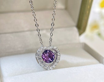 Heart Amethyst Purple Necklace Dancing Stone 925 Silver  February Birthstone