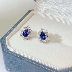 Pear Blue Sapphire Earring September Birthstone Royal Blue Sapphire Halo Earrings With Diamond in 14K 18K Solid Gold