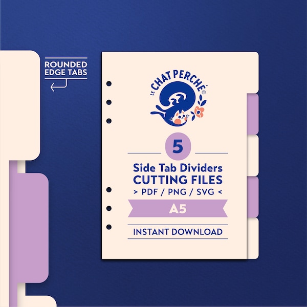 05 Side Tab Dividers for A5 size planner, Die cutting files set - pdf, png, svg, Rounded edge tab Style, DIY journal tabs cut