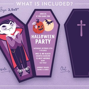 May include: A Halloween party invitation featuring a vampire in a coffin. The invitation is 2.5x5 inches and includes details about the party, including the date, time, location, and RSVP information.