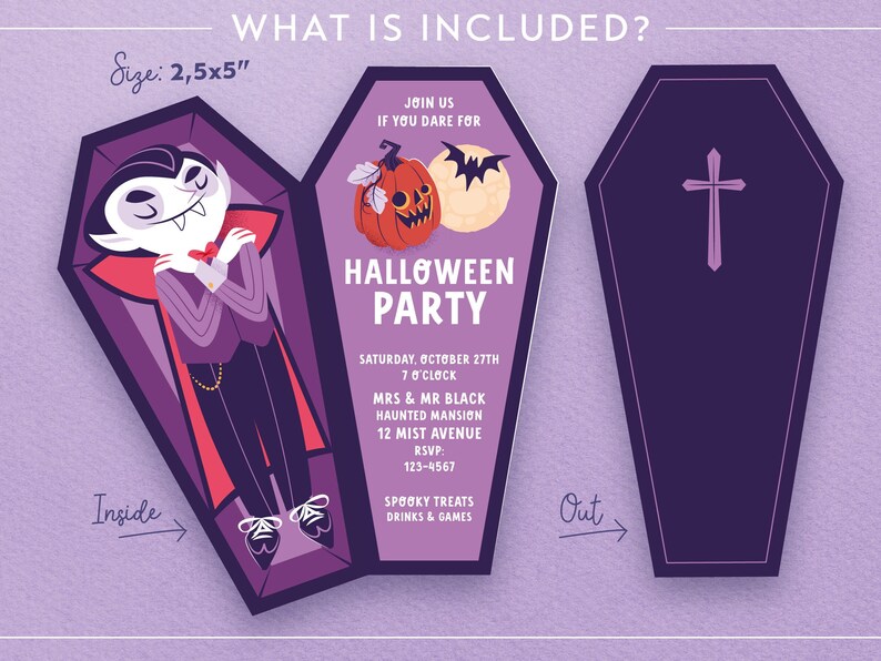 May include: A Halloween party invitation featuring a vampire in a coffin. The invitation is 2.5x5 inches and includes details about the party, including the date, time, location, and RSVP information.