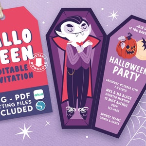 Halloween Vampire PARTY Invitation, Halloween party invite, Cute Dracula in coffin, spooky invitation Download Editable Print and cut