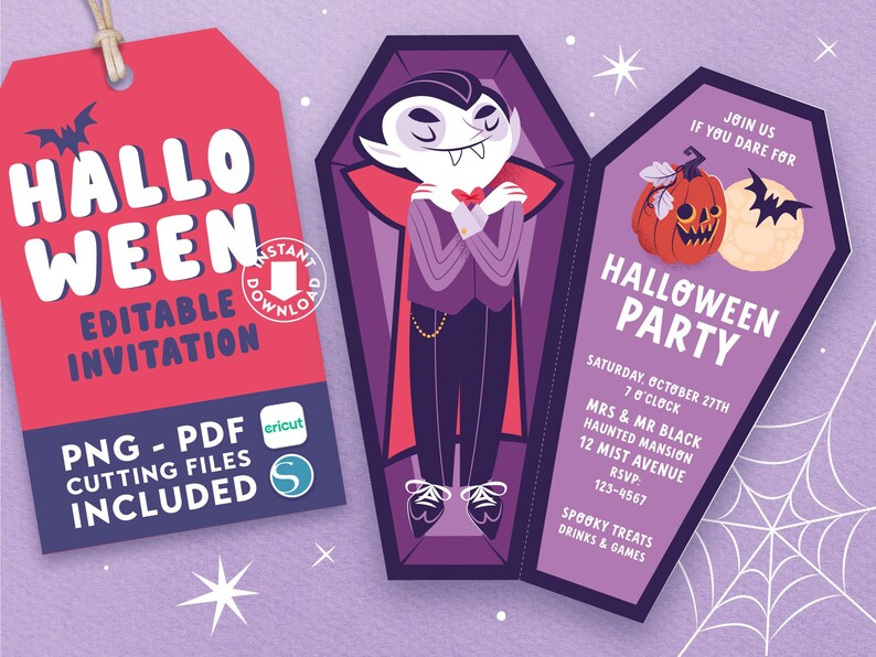 May include: A purple coffin-shaped invitation with a vampire character and a pumpkin. The invitation reads "Join us if you dare for Halloween Party" and includes details for the party, including the date, time, location, and RSVP information.