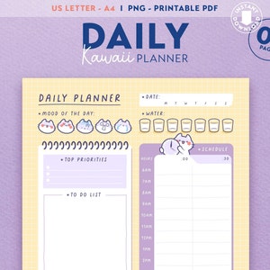 May include: A printable daily planner with a kawaii theme. The planner features a yellow and white grid background with a purple border. The top of the planner says "Daily Kawaii Planner". The planner includes sections for mood, water intake, top priorities, and a to-do list. There is also a schedule section with hourly time slots from 6am to 2pm. The planner is decorated with cute cartoon cats.