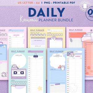 Kawaii Daily Planner Bundle, Orario digitale, Cute Cat Daily Schedule, Umore, Elenchi attività, Note, PDF stampabile vuoto / PNG, Cancelleria fai da te