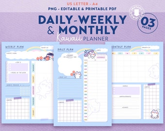 Kawaii Daily, Weekly and Monthly blue Planner, Digital Timetable, Cute Cat Planner inserts, Task lists, Notes, Blank Printable PDF / PNG