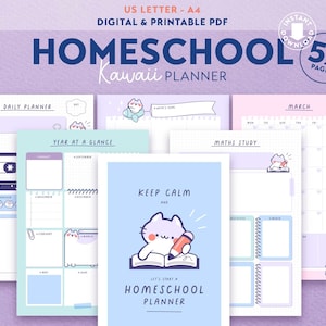 Kawaii HOMESCHOOL druckbarer Planer, ADHS Planer Schüler, Schulkalender, Akademischer Stundenplaner, Digital, PDF