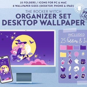 Puede incluir: Un conjunto organizador de fondos de pantalla de escritorio con temática de brujas. La imagen incluye un monitor de ordenador y un smartphone que muestra el fondo de pantalla, junto con iconos y carpetas. El texto dice "The Rocker Witch Organizer Set Desktop Wallpaper."