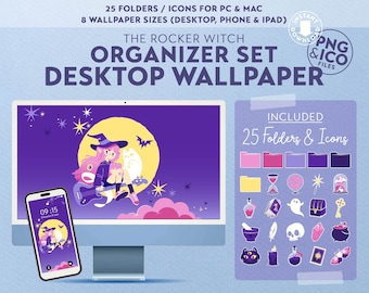 Tema de organizador de desktop de computador UI de Halloween | Fundo do papel de parede | Tema de bruxa rocker | Conjunto de ícones de área de trabalho personalizados para Windows e Mac