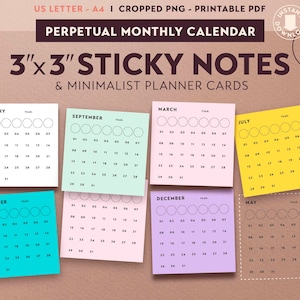 Sticky Notes Calendario mensile perpetuo stampabile, 3 x 3, modello di calendario da tavolo, png ritagliato, pdf, cancelleria fai da te, accessorio agenda digitale