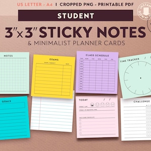 学生用付箋紙 印刷可能、3 x 3、ミニマリスト プランナー カード テンプレート、切り抜き png、PDF、DIY 文房具、デジタル アジェンダ アクセサリ