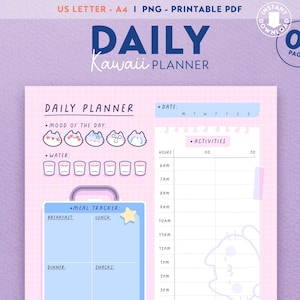 Kawaii Rosa Tagesplaner, Digitaler Stundenplan, süße Katze Tagesplan, Stimmung, Aufgabenlisten, Notizen, leere druckbare PDF / PNG, DIY Briefpapier