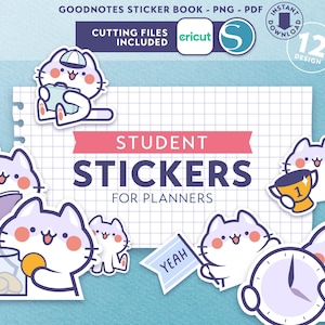 May include: A set of 12 digital stickers featuring cute cartoon cats in various poses. The stickers are designed for use in digital planners and include phrases like "Yeah" and "Student Stickers for Planners".