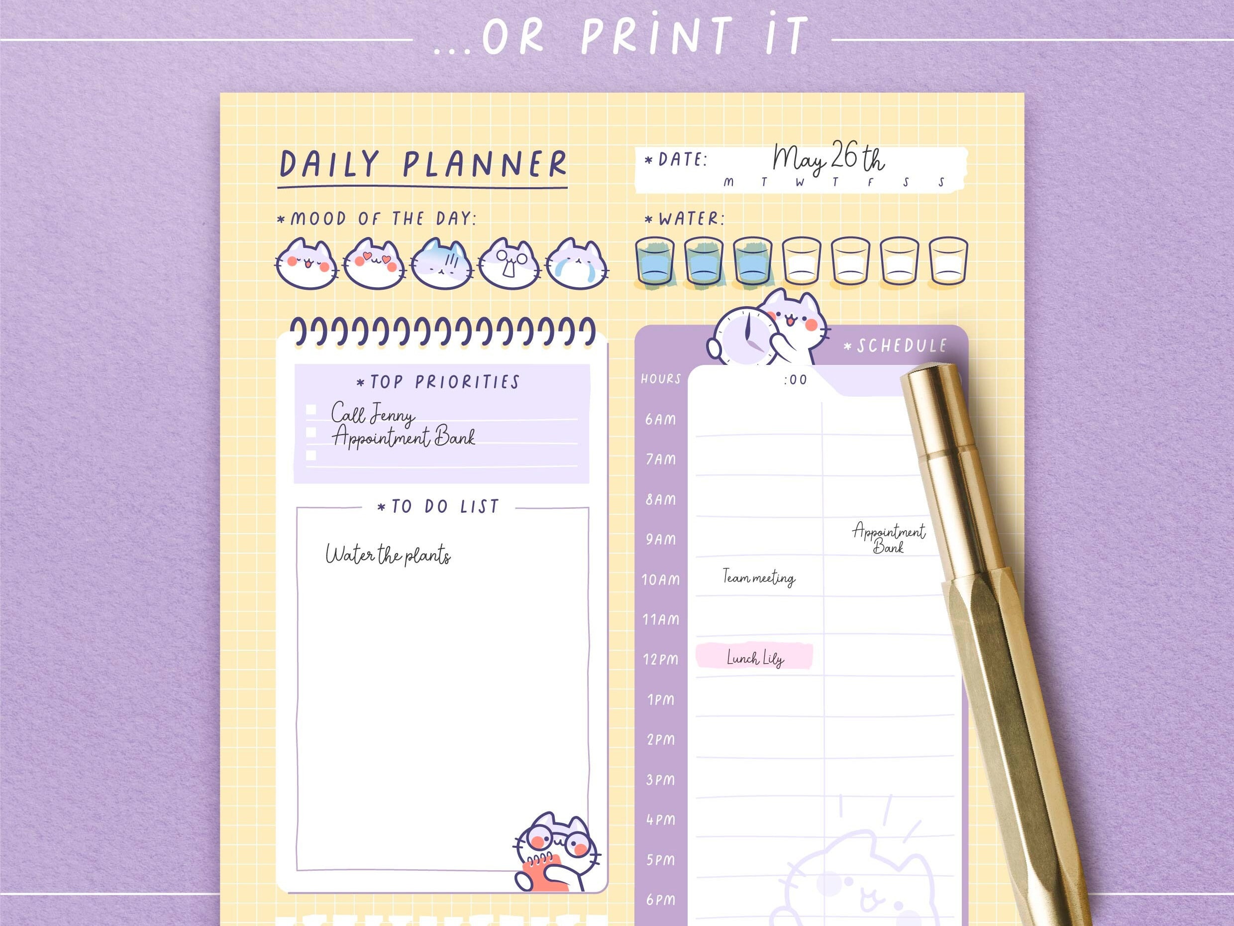 Kawaii Daily Yellow Planner, Digital Timetable, Cute Cat Daily Schedule ...
