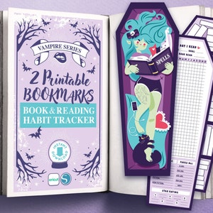 May include: Two printable bookmarks featuring a vampire-themed design. One bookmark has a cute illustration of a green-skinned vampire girl reading a book titled "Spells" and the other bookmark is a reading habit tracker with a grid for logging pages read and a calendar for tracking reading days.