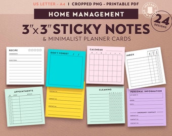 Minimalist Home Management Sticky Notes, 3x3 Planner Cards (PDF)