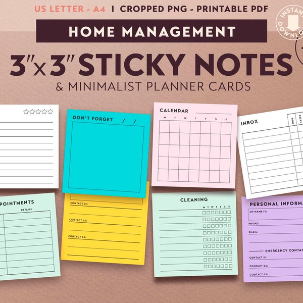 Sticky Notes HOME MANAGEMENT Printable, 3 x 3, Minimalist Planner Cards Template, Cropped png, pdf, DIY Stationery, Digital Agenda Accessory