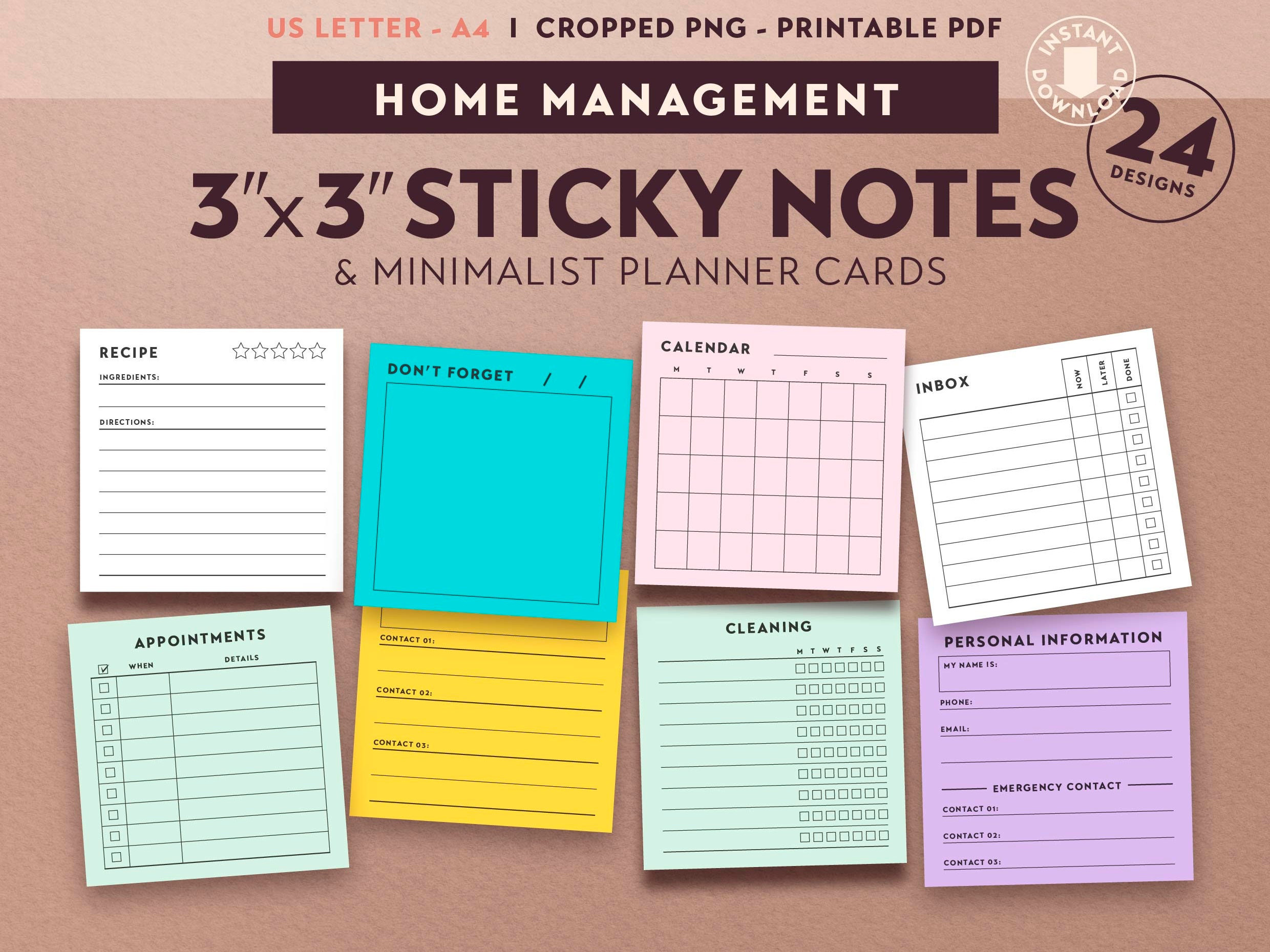 Sticky Notes HOME MANAGEMENT Printable 3 x 3 Minimalist Planner Karten Vorlage Png Pdf DIY Briefpapier Digital Agenda Accessoire Etsy