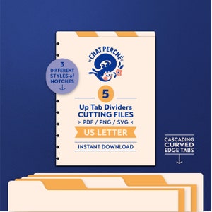 05 Divisores de abas superiores para planejador encadernado em disco tamanho LETTER, conjunto de arquivos de corte e vinco - pdf, png, svg, 3 tipos de entalhes, aba de borda curva em cascata