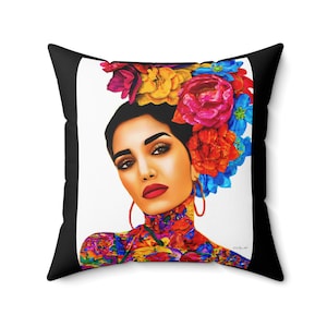 May include: A colourful throw pillow featuring a woman with a vibrant floral crown and a floral pattern on her body. The background is white with a black border.