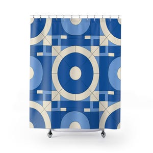 Tende da doccia geometriche moderne, decorazioni per il bagno, design astratto blu, regalo per la casa, accessori da bagno unici, arredamento elegante per la casa
