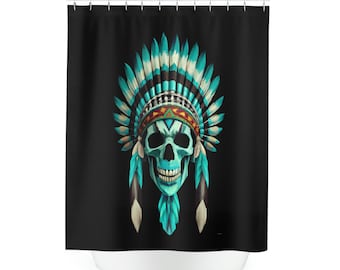 Rideau de douche tête de mort turquoise, décoration de salle de bain coiffure amérindienne