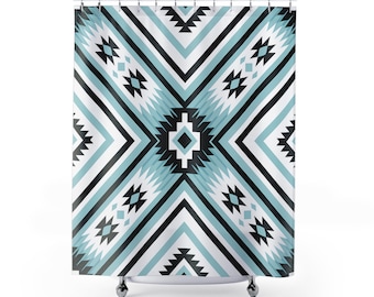 Geometric Tribal Shower Curtain: Aqua Blue Boho Bathroom Decor