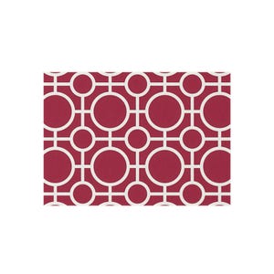 May include: A rectangular fabric with a repeating geometric pattern. The design features white circles and lines against a deep red background. The circles vary in size and are connected by straight lines, creating a modern, symmetrical look.