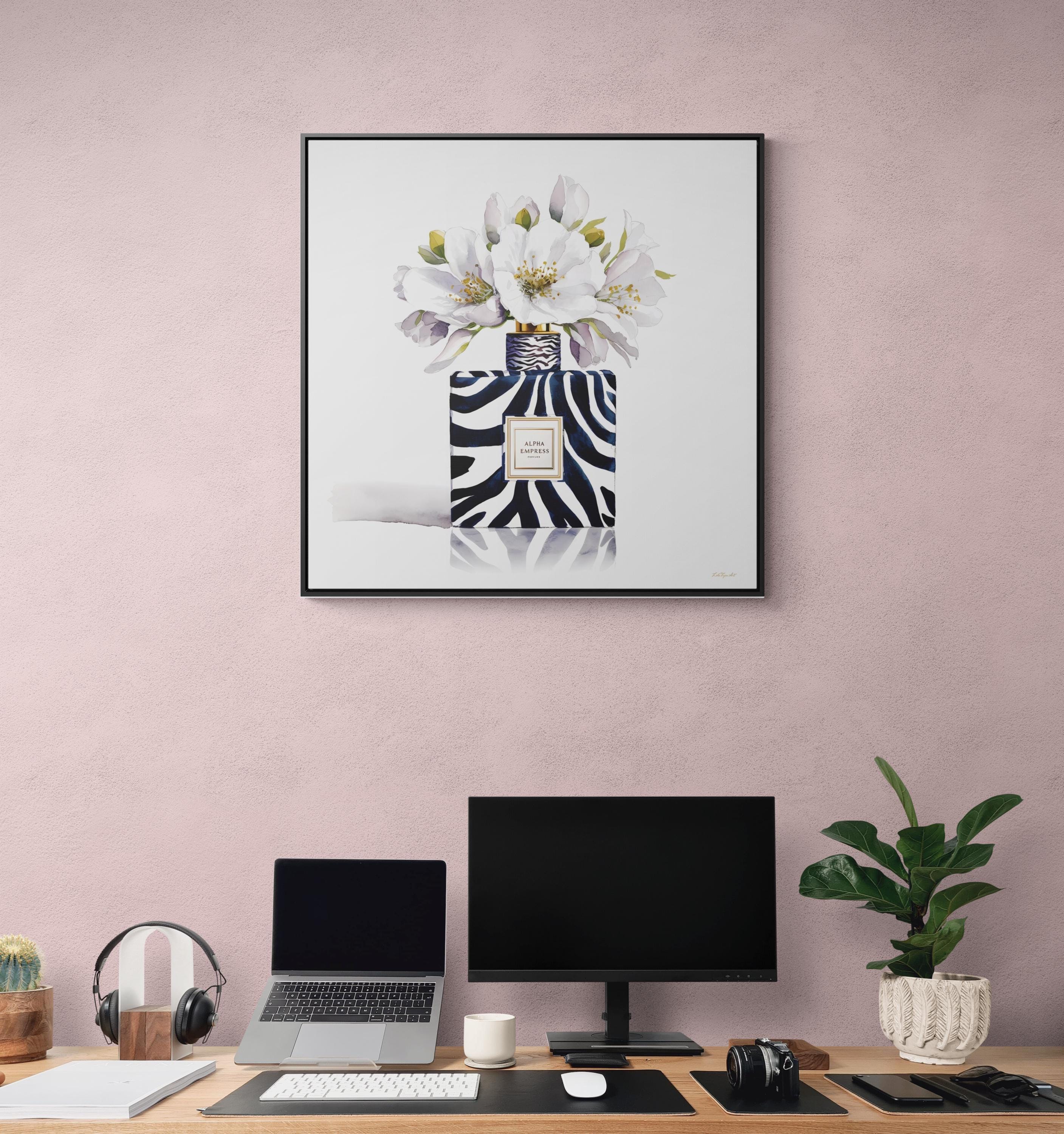 Framed Canvas Wall Art - Watercolor Zebra Perfume Bottle 'ALPHA