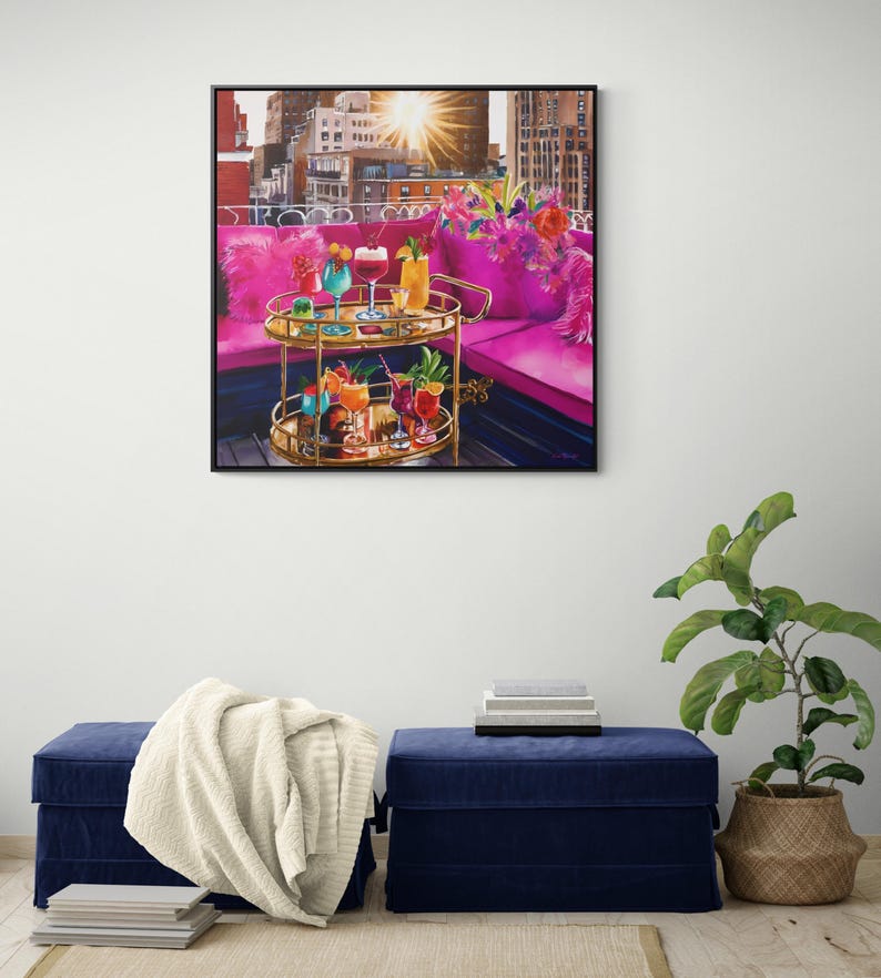 Fashionista Square Canvas Wall Art NYC Rooftop Deck, Hot Pink Couch