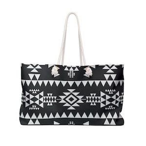 Bolso de fin de semana con estampado tribal: bolso de viaje bohemio con asas de cuerda color crema
