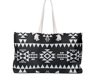 Tribal Print Weekender Bag: Boho Travel Tote, Cream Rope Handles